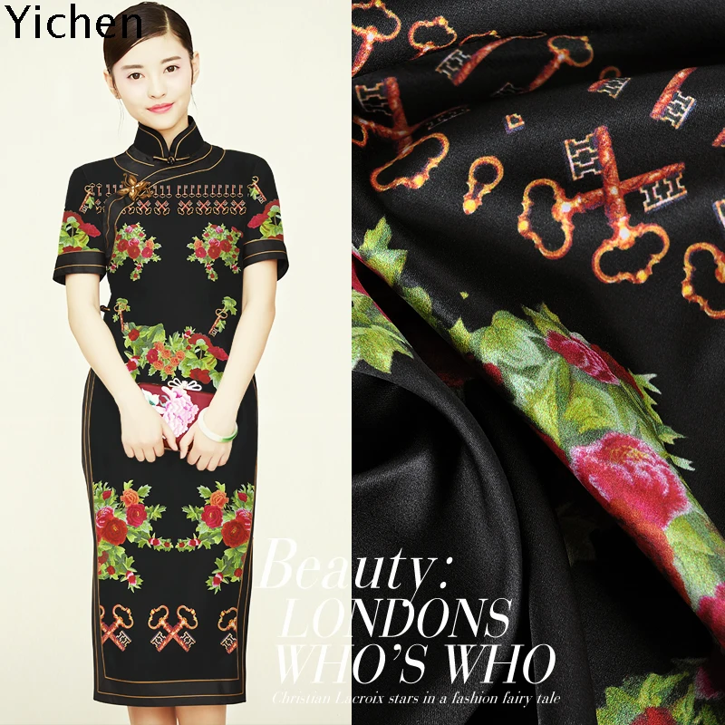 Красная роза золотой ключ печати натуральный шелковая ткань с принтом шелковый атлас cheongsam платье ткань эластичный атлас