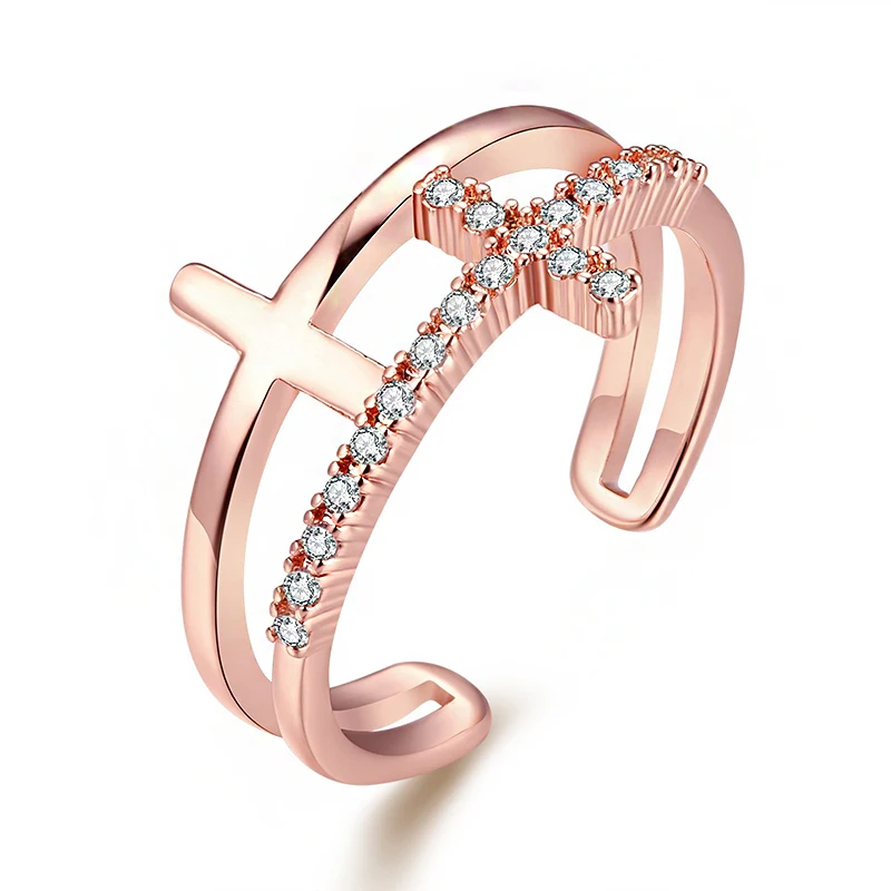 

America and Europe classic Cross rings inlay zircon Crystal rings-for-women rose gold jewelry fashion ringen open adjustable