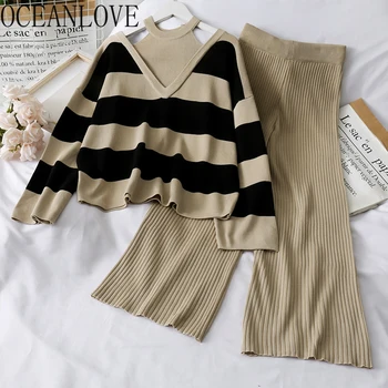 

OCEANLOVE Knitted Ropa De Mujer Autumn Winter Clohtes Suits Fashion Striped Tops Solid Wide Leg Pants Two Piece Set Women 17834