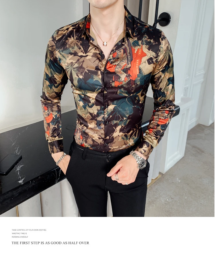 Мужская рубашка в британском стиле с цветочным принтом, повседневные приталенные вечерние рубашки, модная Осенняя мужская рубашка с длинным рукавом и цифровым принтом