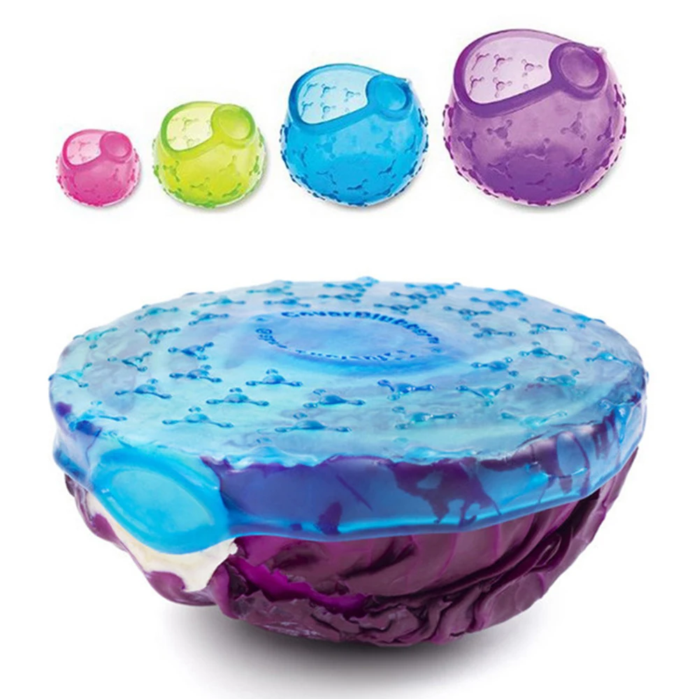 

4Pcs/lot Reusable Silicone Food Bag Wraps Seal Cover Food Fruit Fresh Keeping Wrap Lid Cover Stretch Vacuum Wrap Kitchen Tools