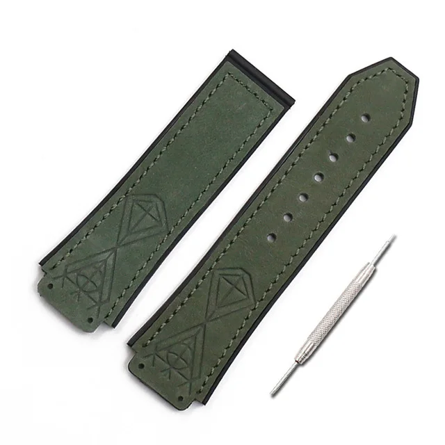 Аксессуары для часов, резина+ кожаный ремешок для Hublot для BIG BANG, мужские Ремешки для наручных часов 25*19 мм, мужской ремень, ремешок, складная застежка - Цвет ремешка: Green