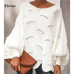 Elsvios 5XL осенний свитер с длинными рукавами и рукавами «летучая мышь» Топы женские Вязанный свитер с вырезами зимние повседневные свободные