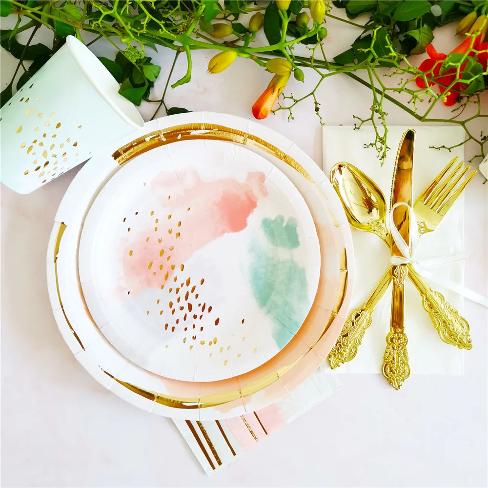 

Mint Green Pink Foil Gold Baby Shower Party Candy Fruit Plate Cake Dish Paper Plate Cups Napkins For Wedding Baptism Favors