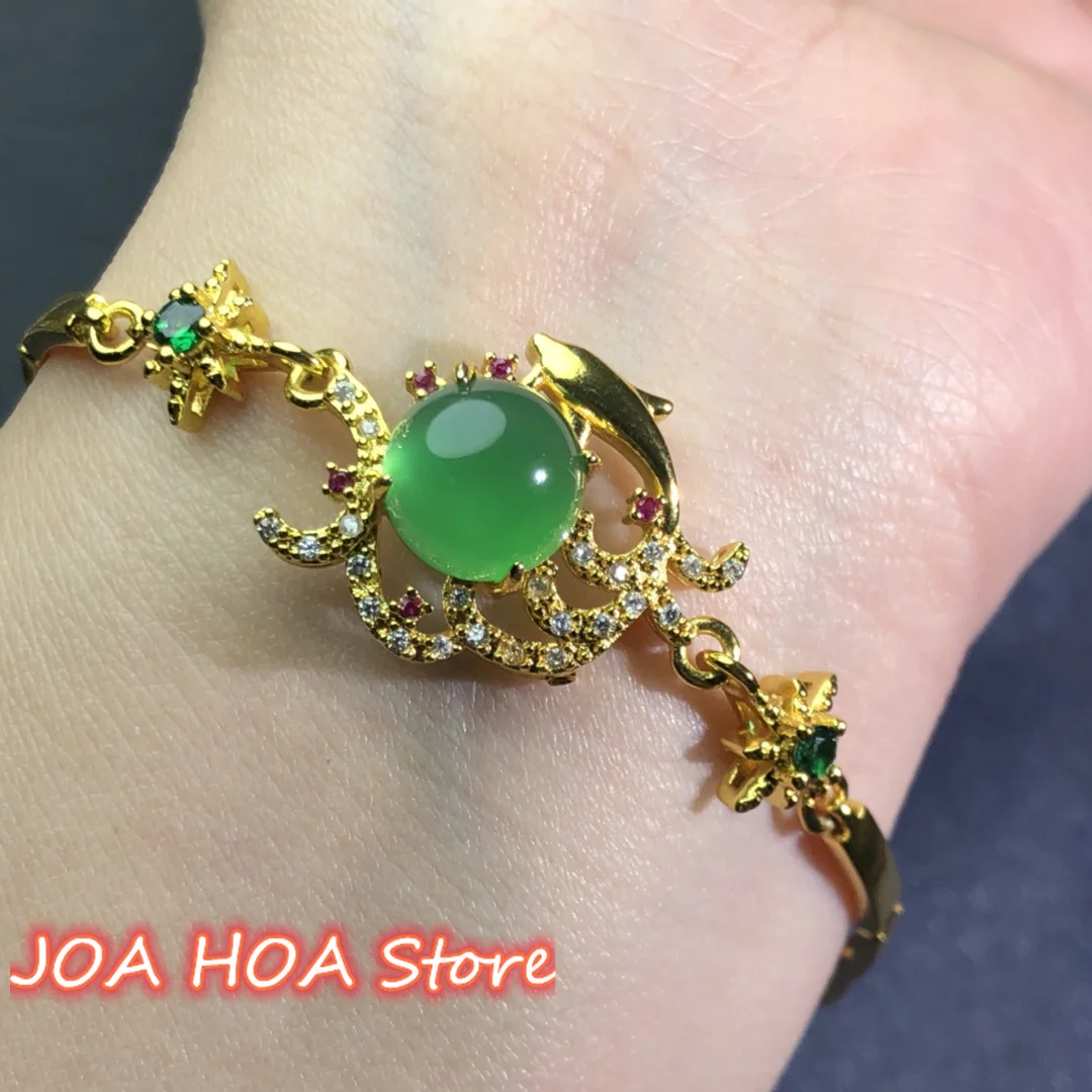 

Elegant Handring Gold-plated Inlays Natural Green Chalcedony Agate Jade Bangle Fine Braelet Jewellery Accessories