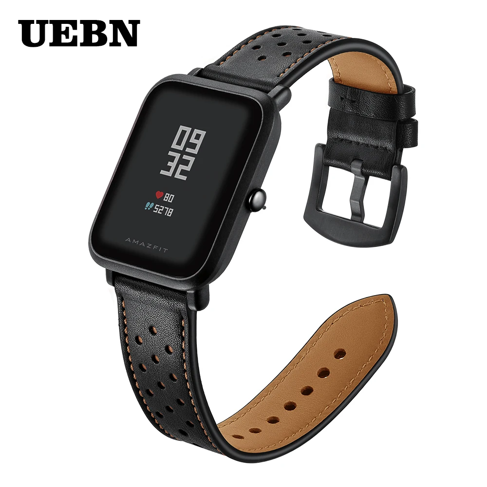 Ремешок UEBN кожаный для Xiaomi huami amazfit bip GTS Воздухопроницаемый браслет часов GTR 42 мм 20