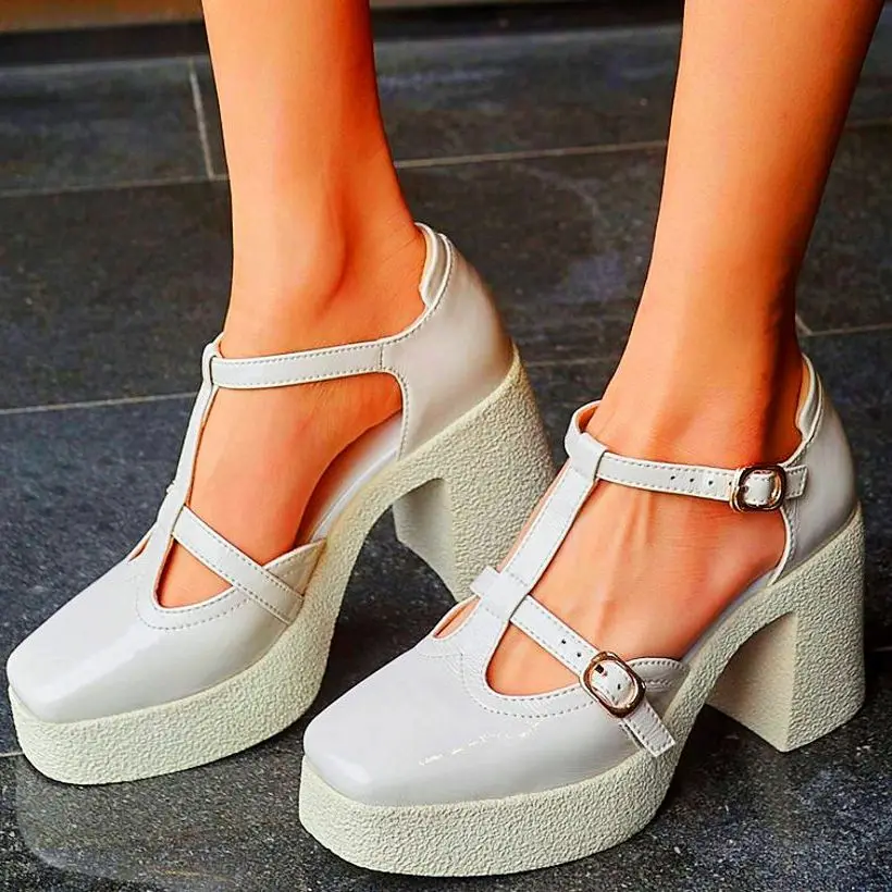 セールの通販 女性のための本革の厚底靴 スクエアトゥ バックルとハイヒールのサンダル ディスコシューズ サイズ34 35 36 37 38 39 限定最安値 Marketingcultural Com Br