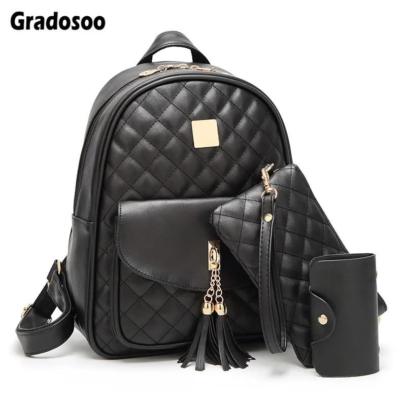 

Gradosoo Fashion Composite Bag Female Backpack Classic Quilted Tassel Design Bag PU Leather School Bag Women's Backpack LBF26