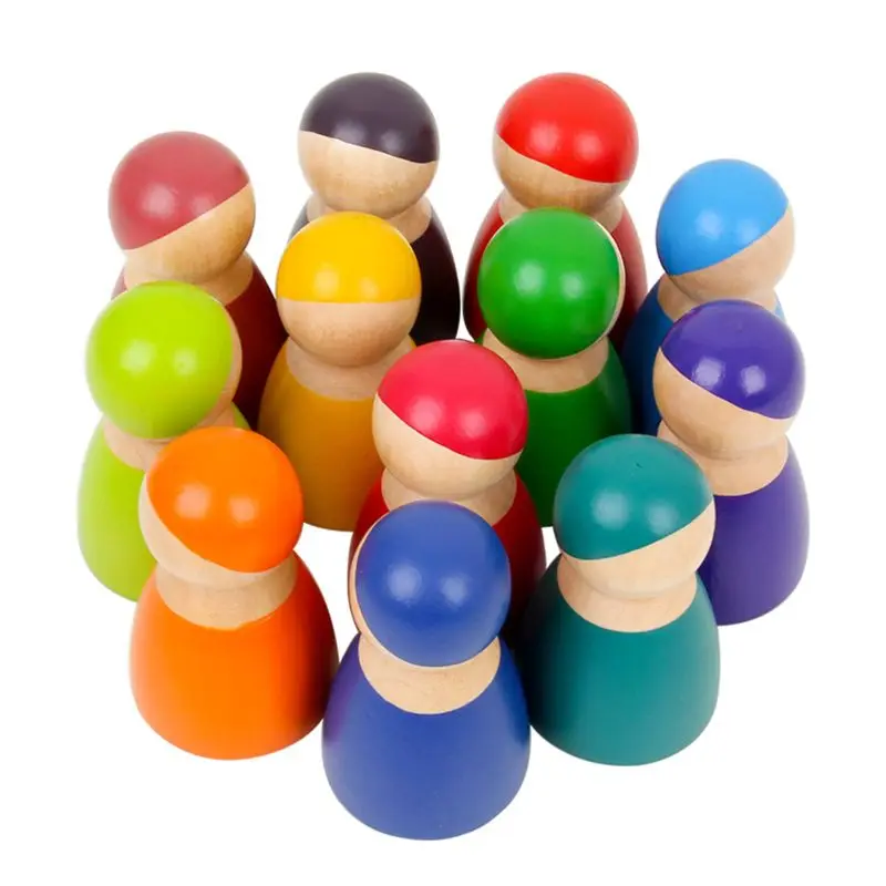 Montessori-Juego de 12 figuras de madera de juego de simulación de amigos del arco iris, juguete para bebés, pintura de seguridad ambiental