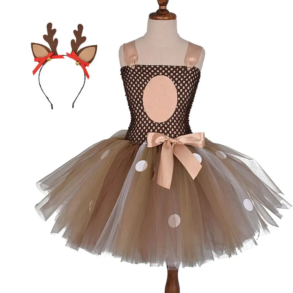 

Deer Tutu Dress Baby Girl Birthday Party Dresses Kids Halloween Deer Custom Outfit Girls Christmas Costume Brown Dresses 1-12Y