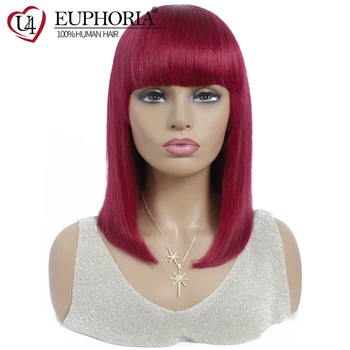 

Red Burg 99J Color Short Bob Wigs Full Machine Made Wigs Brazilian Straight Remy Human Hair Wigs With Bangs 8-16Inch EUPHORIA