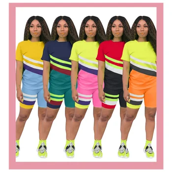 

2020 Striped Fitness Biker Shorts Set Lounge Set Tracksuit Women Summer Outfits Two Piece Set Crop Top Jogging Femme Clothing