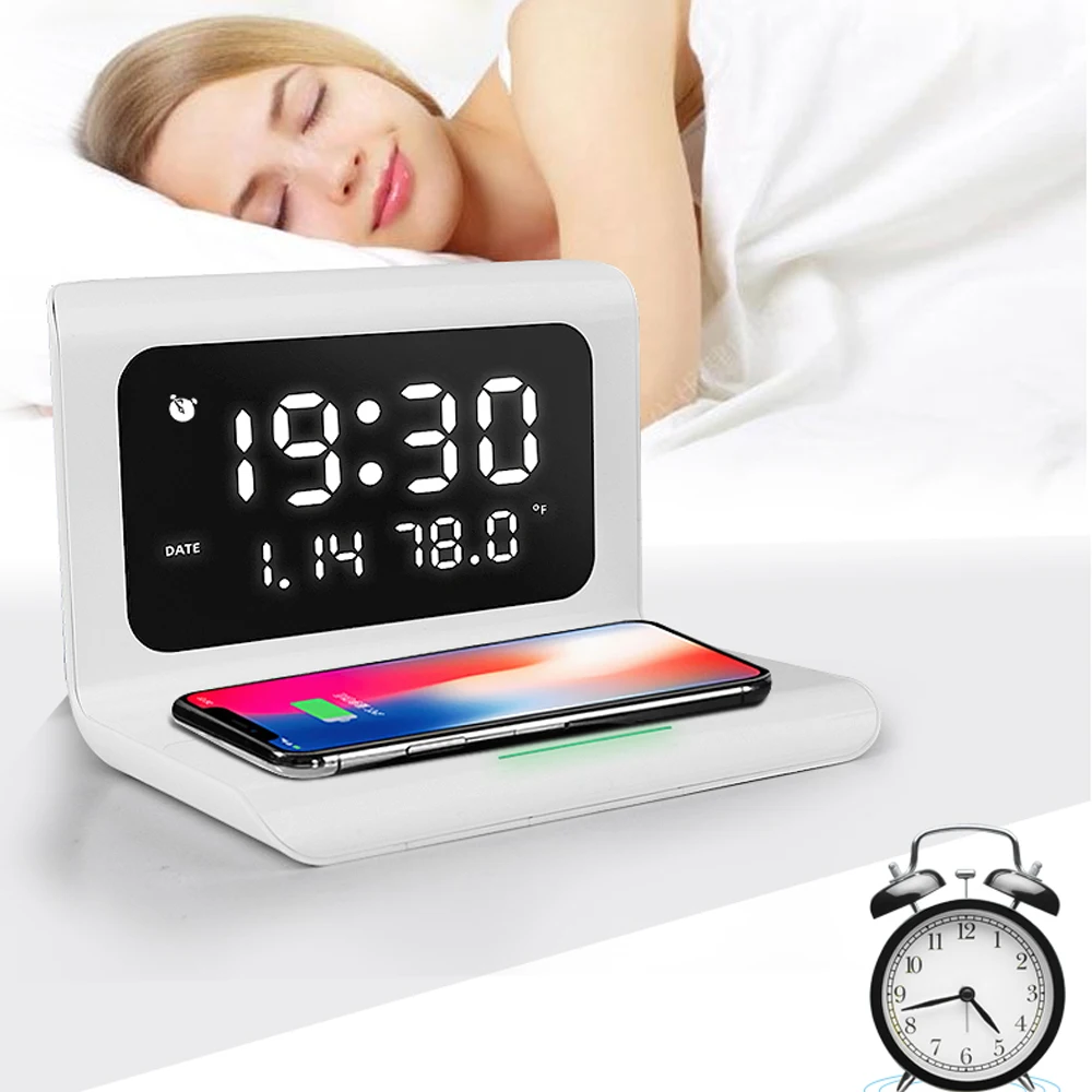 10W Qi Wireless Charger LED Alarm Clock Thermometer Calendar Wireless