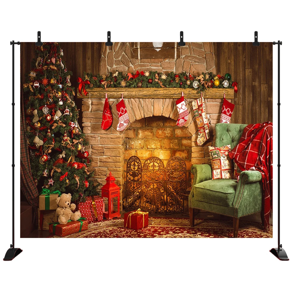 

Christmas Themed Backdrop Tree Sock Gifts Fireplace Decorations Xmas Party Supplies Family Photos Background Banner