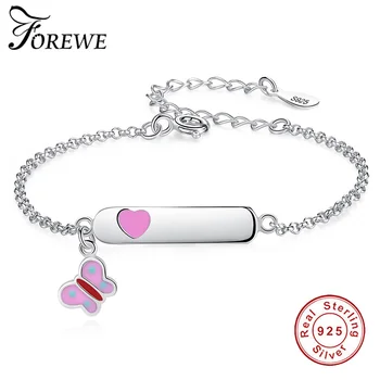 

Free Personalized Name 925 Sterling Silver Bracelet Pink Enamel Butterfly & Heart Bracelets For Kids Girls Customized Jewelry