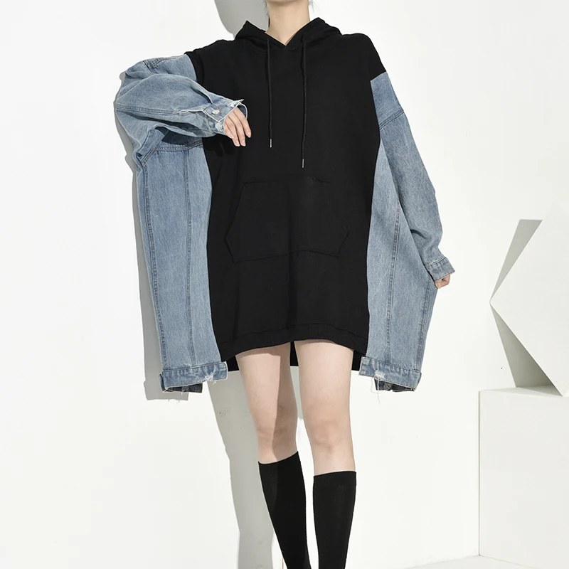 [EAM] Loose Fit Denim Split Oversized Long Sweatshirt New Hooded Long Sleeve Women Big Size Fashion Autumn Winter 1D5330