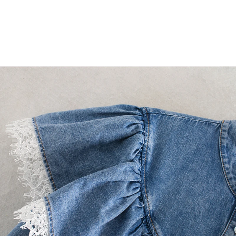 ZOEPO Stand Collar Ruffles Blouses Women Fashion Lace Denim Shirts Women Elegant Buttons Long Sleeve Tops Female Ladies LE