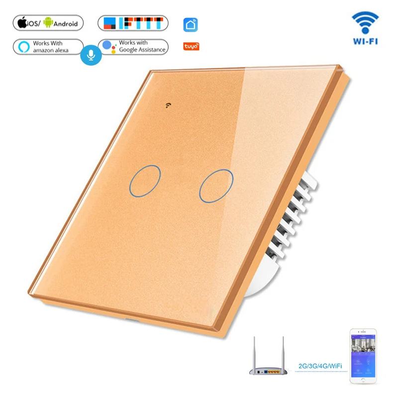 

Abay factory WIFI smart switch mobile APP remote touch wall switch voice control model 86 eu/UK standard2gang glass touch switce