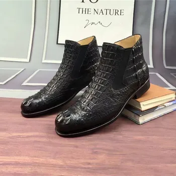 

Authentic Exotic Crocodile Scales Skin Men's Winter Chelsea boots Genuine Real Alligator Leather High-top Male Black Ankle Shoes