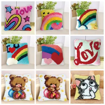 

DIY Latch Hook Pillow Kit Canvas Knitted Embroidery Fomiaran for Needlework Knitted Cushion Cross Stitch Handmade Cute Pillow