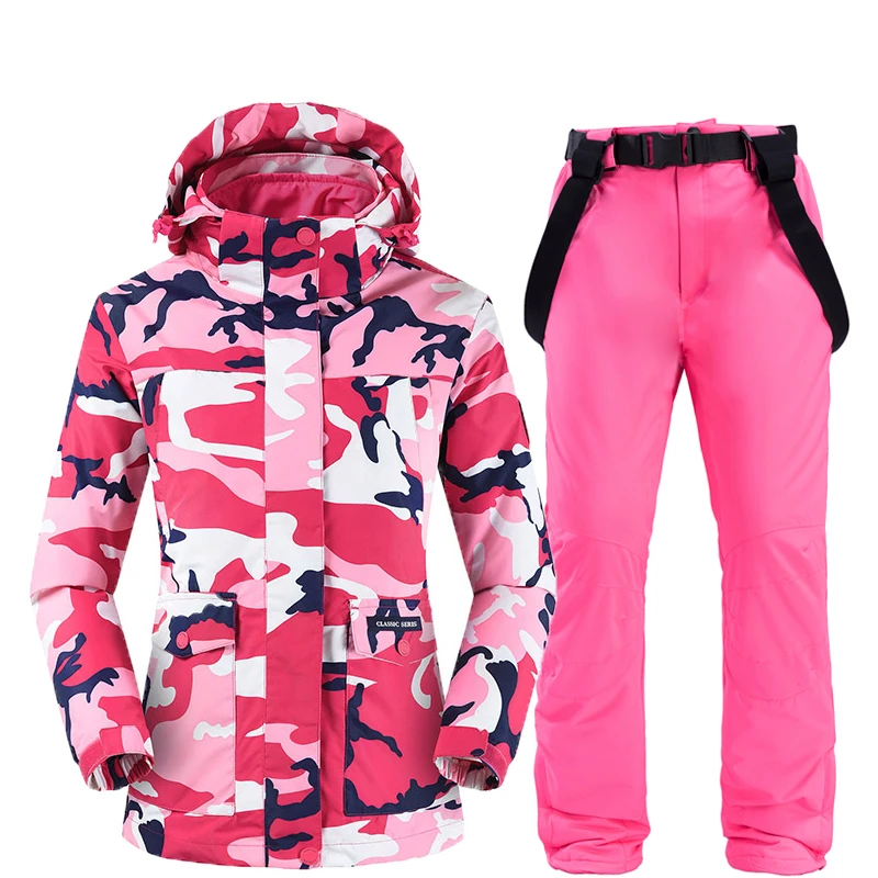 Камуфляжные лыжные куртки и штаны для женщин, лыжный костюм, комплекты для сноубординга, очень теплая ветрозащитная Водонепроницаемая зимняя верхняя одежда