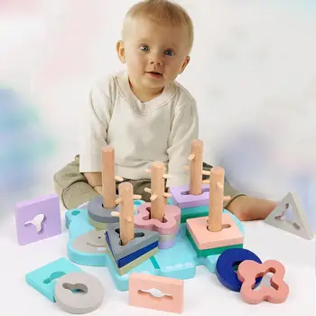 

Wooden Building Blocks Montessori Early Educational Toys Gifts For Children Geometry Shape Cognitive Matching Game Sleeve Column