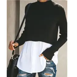 Зимние популярные женские черные вязаные свитера повседневные с длинным рукавом лоскутные кнопки уличная мода с круглым вырезом пуловер