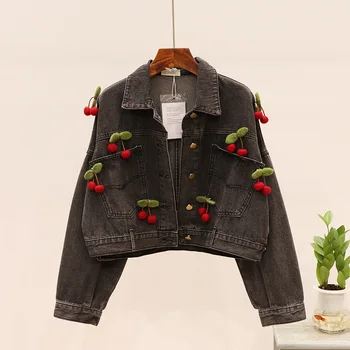 

Cherry Appliques denim Short Jacket for Woman Long Sleeve Pocket Black Chic Coat Female 2019 Autumn Winter Outfit