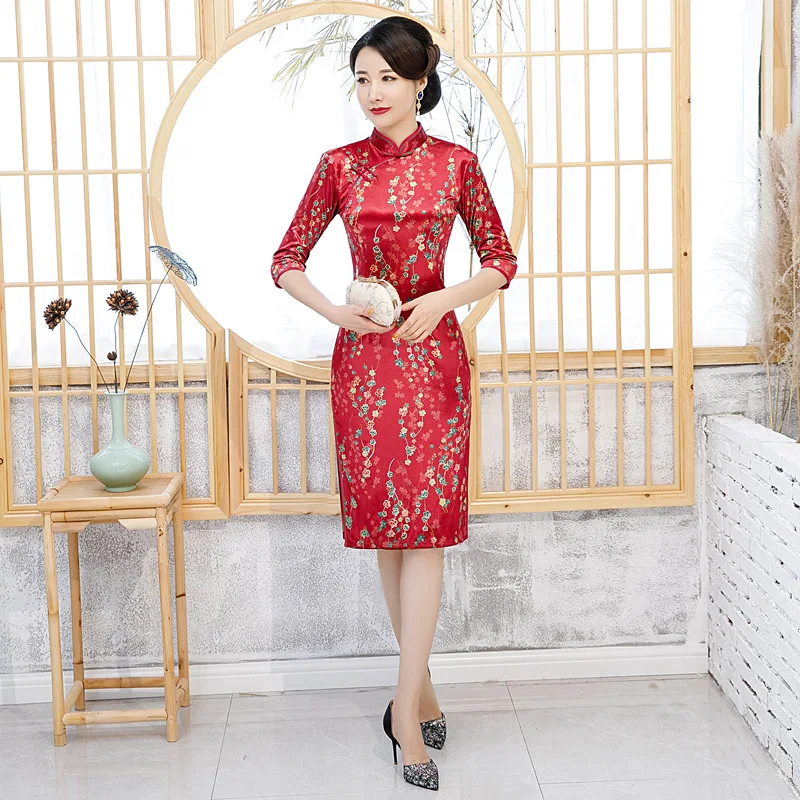 Классическое китайское платье на пуговицах, велюровое, женское, теплое, Qipao, элегантное, с цветочным принтом, Cheongsam, сексуальное, официальное, вечернее, благородное, Vestidos