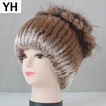 Новые русские Женские Настоящий мех кролика Skullies шапки Роскошные вязаные цветы натуральная шапка из меха кролика рекс зимние натуральный мех шапочки