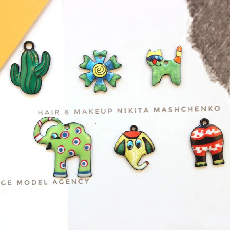 10pcs/lot Colorful cat elephant cactus flower Pendants animal Enamel Charms for DIY Earring Jewelry Handmade Finding XL715 | Украшения и