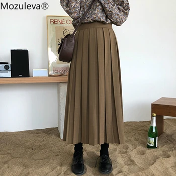 

Mozuleva Vintage Women High Waist Streetwear Pleated Skirts 2020 Spring Casual Solid Mid-calf A-line Female Skirts Hundred Skirt