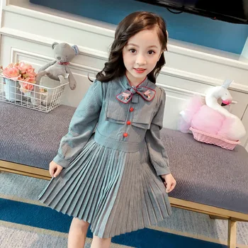 

New 4-8-year-old children baby fashion embroidered striped dress spring and autumn female baby retro children's dress tide