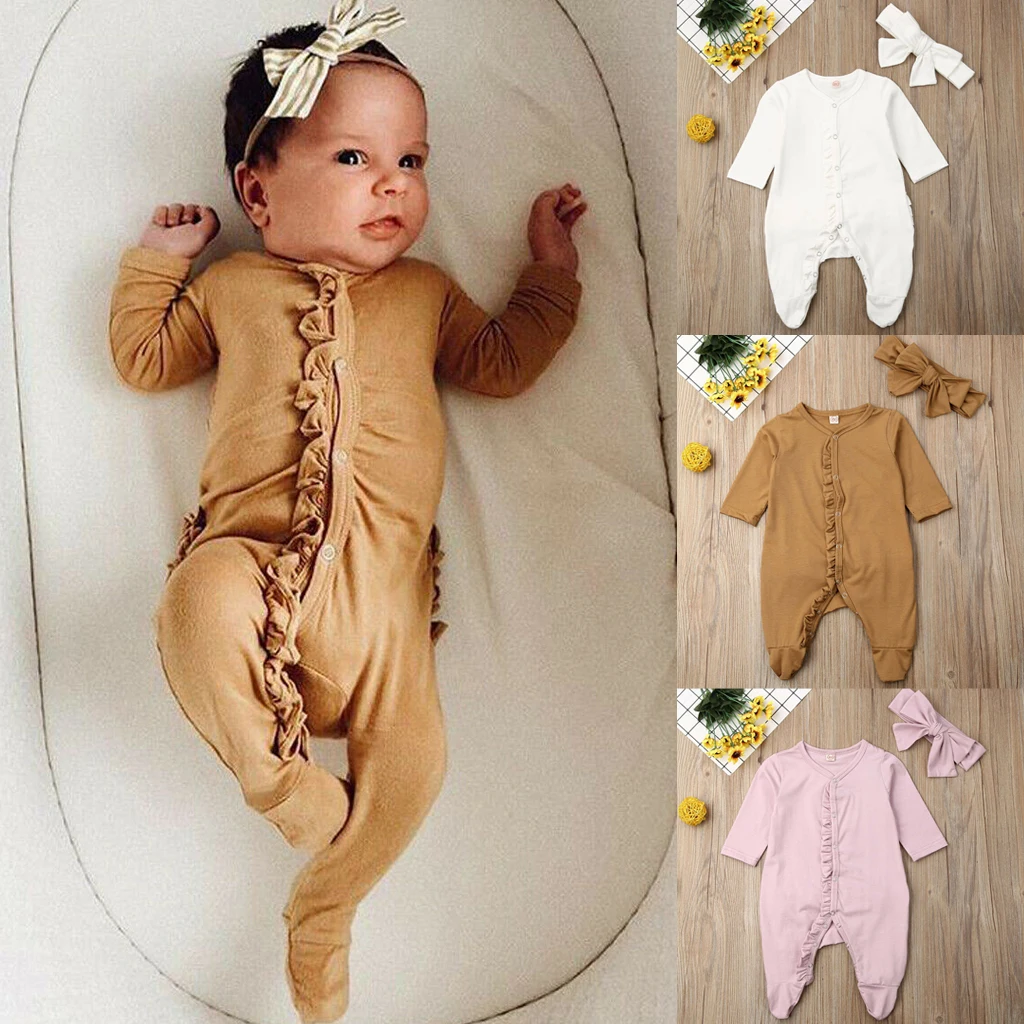 Emmababy новорожденных для маленьких девочек с рюшами и комбинезон с пуговицами; одежда с длинными рукавами, комплекты одежды