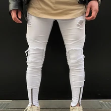 OLOME, мужские обтягивающие белые джинсы, Стрейчевые рваные дизайнерские модные байкерские джинсы на молнии, Мужская Уличная одежда
