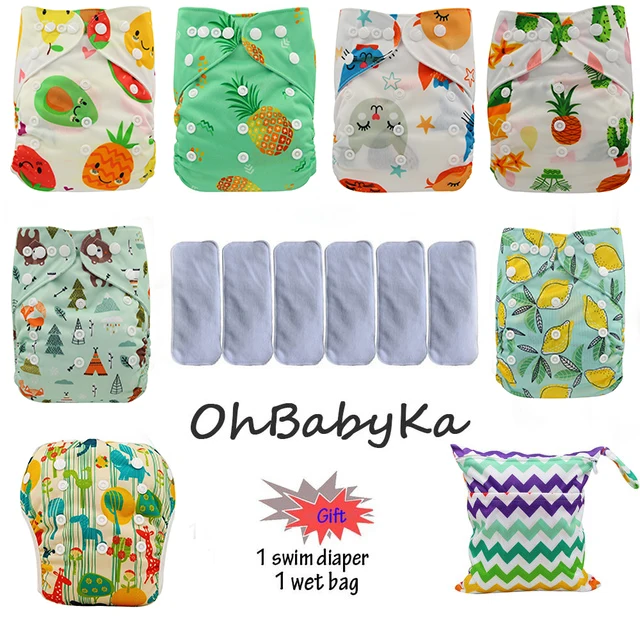 Ohbabyka/детские тканевые подгузники; складные тренировочные штаны; 6 шт.; многоразовые карманные подгузники+ 6 шт.; бамбуковые вставки; детские подгузники - Цвет: 84