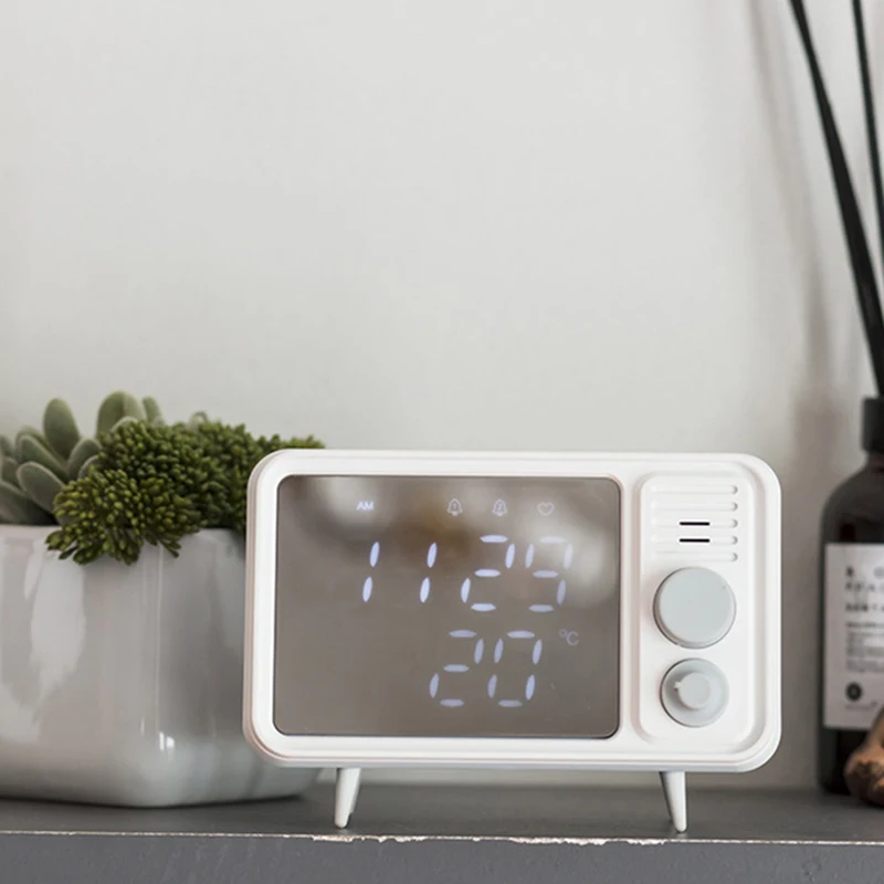 

Hot Sale Retro Tv Shape Alarm Clock Lamp Mirror Multi-Function Mirror Clock Thermometer Bed Multi-Function Clock-Grey Blue