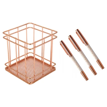

4 Pcs Rose Gold Office Supplies: 1 Pcs Pen Cup Square Iron Mesh Pen / Pencil Cup Organizer Desk Sorter & 3 Pcs Pens Gel Ink Fine