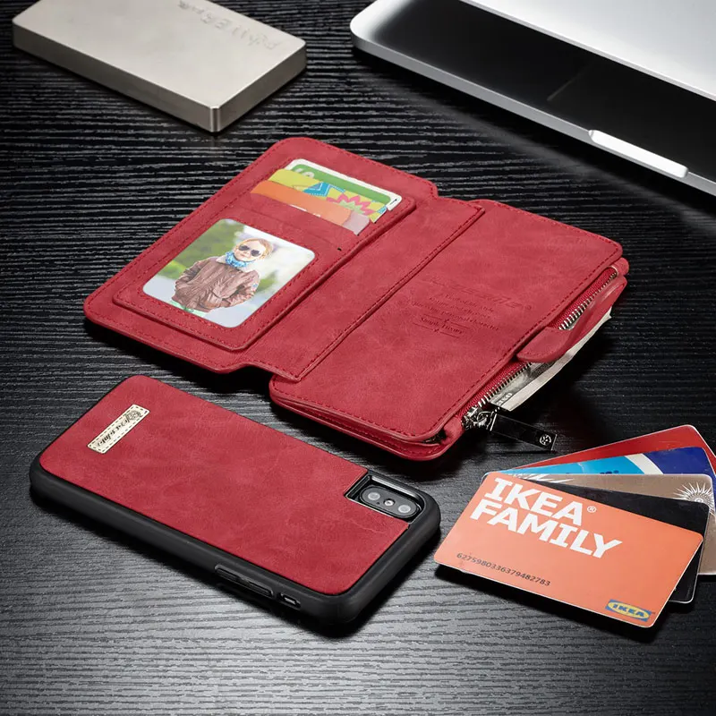 CaseMe для Apple Iphone 11 Pro Max 6S 7 8 Plus Многофункциональный кожаный чехол с магнитной застежкой-молнией и подставкой для карт Iphone X XS Max XR - Цвет: Красный