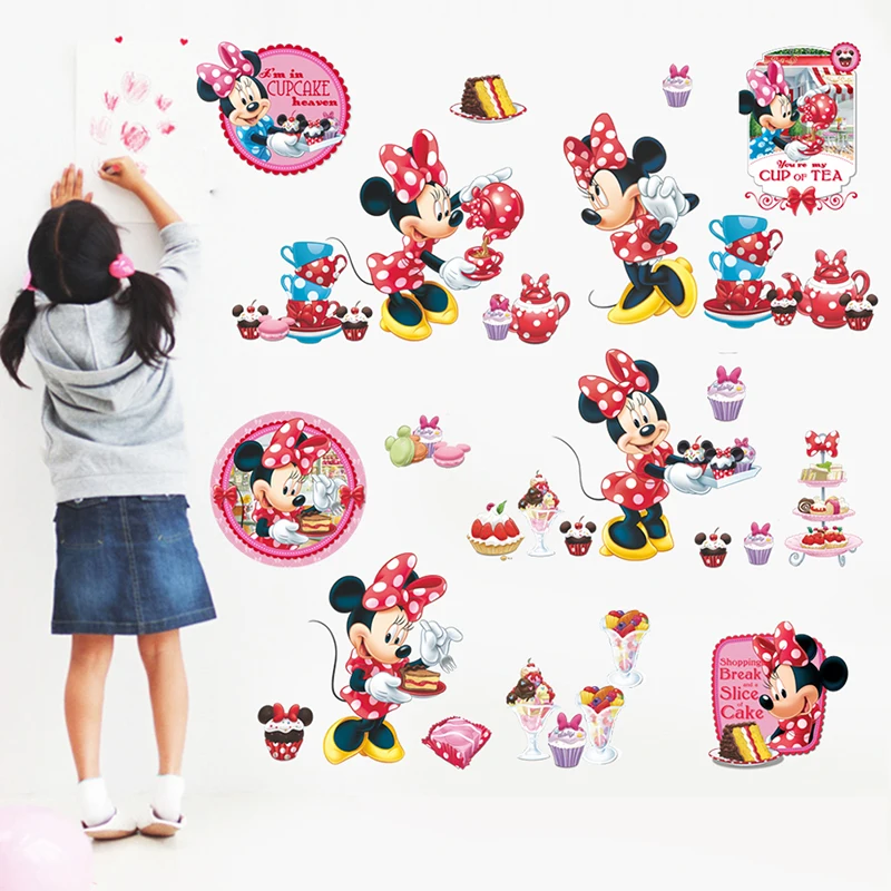 Cartoon Disney Minnie Mouse Cupcake Heaven Wall Stickers For Kids Room Home Decor Girl's Bedroom Wall PVC Mural Art DIY Decals