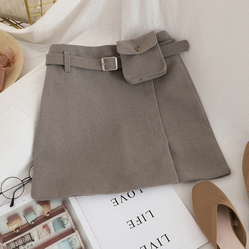 Осенне-зимняя винтажная однотонная короткая юбка из шерсти с разрезом, с высокой талией, тонкая трапециевидная юбка с поясом