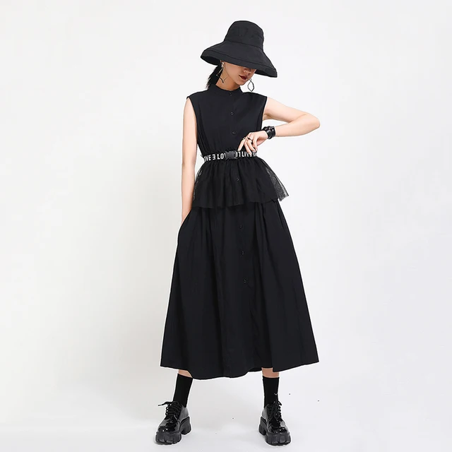 [EAM] Women Khaki Split Pleated Long  Dress New Stand Collar Sleeveless Loose Fit Fashion Tide Spring Summer 2022 1Y353 5