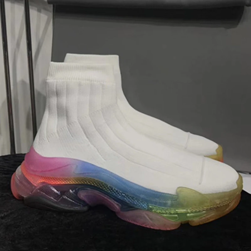 

Rainbow Transparent Shoes Woman Breathable Mesh Sneakers Slip-On Ankle Zapatos De Mujer Fashion Sock Boots Clunky Casual Shoes