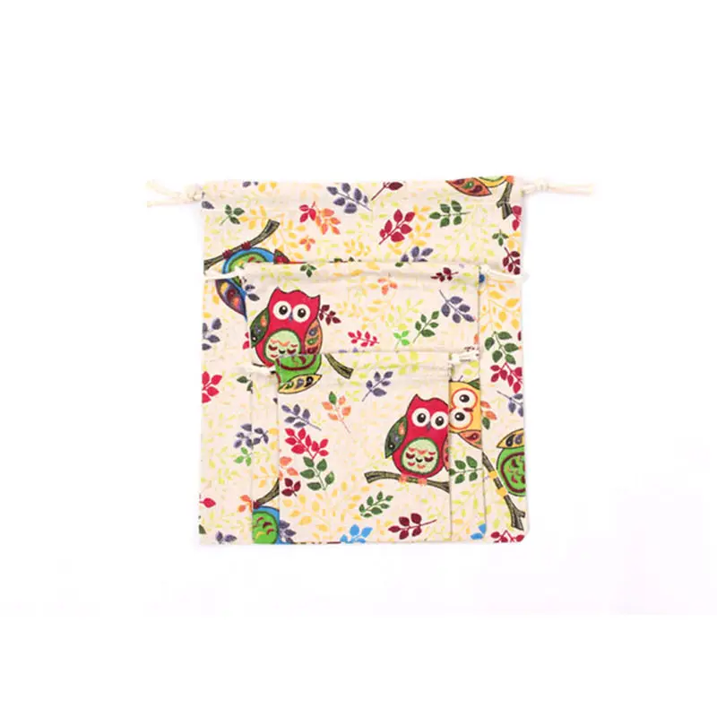 Owl Branch Pattern Drawstring Storage Bags Pouch Cotton Linen Travel Cosmetic Key Coins Gift Sundries Organizer S/M/L 1 Piece