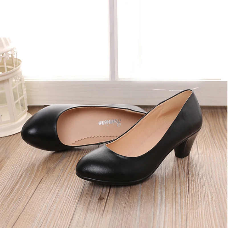 

Office Lady Solid Basic Pumps for Women Square Heel Ladies Pumps Slip-on Round LadyFemale Single Shoes