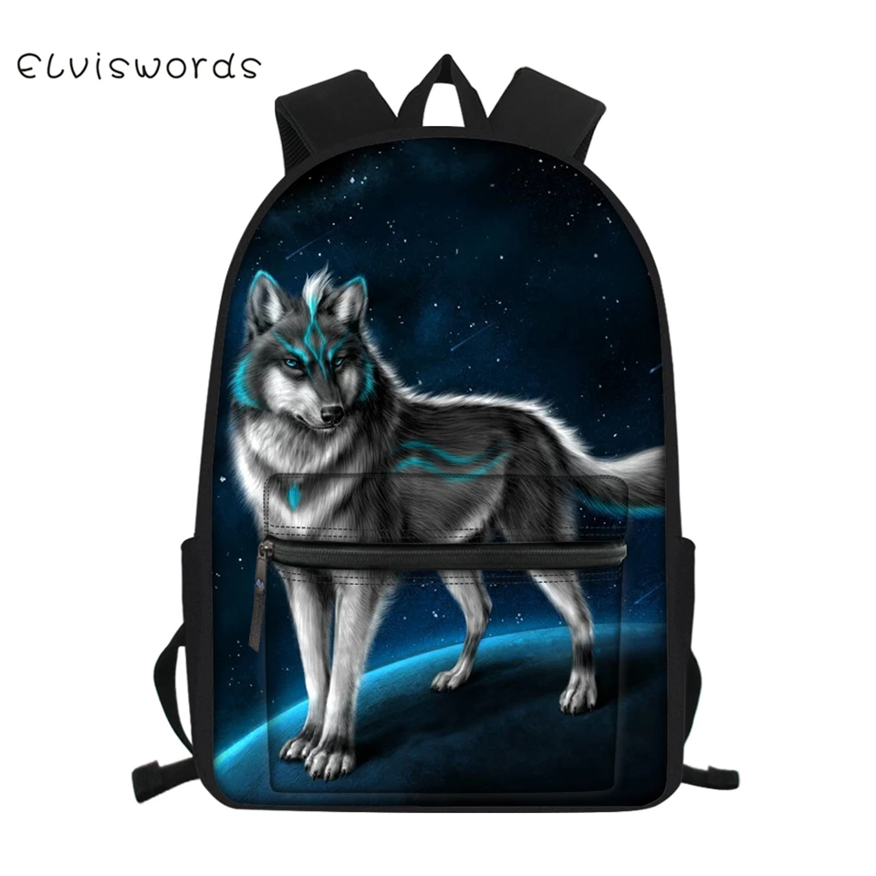 ELVISWORDS модный детский Школьный брезентовый Рюкзак "Fantasy Wolf" с животным узором для студентов, школьные сумки для книг, детские дорожные рюкзаки
