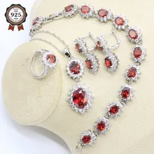 Геометрический Красный Циркон 925 серебряные свадебные украшения набор для женщин браслет, серьги, ожерелье кулон подарочные коробки для колец для ювелирных изделий
