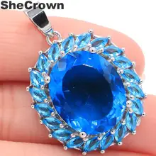 35x24 мм роскошный камень овальный Париж, голубой топаз женский подарок серебряный кулон