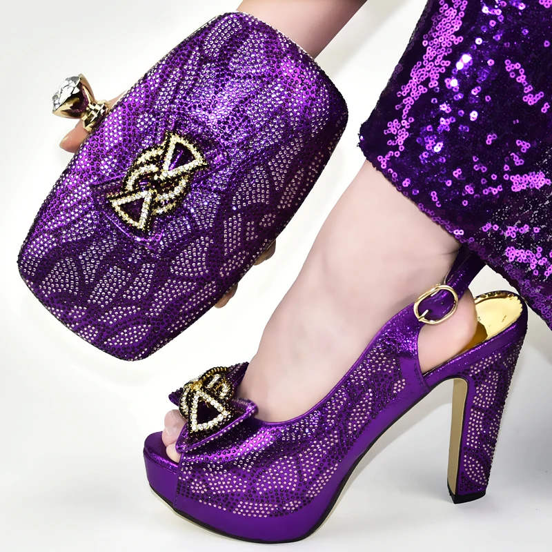 

High heel 4.7 inches lady purple color sandal shoes and clutches bag with many rhinestones shoes bag set SB8448-3
