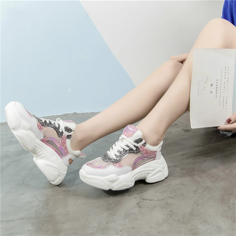 Дышащие кроссовки на шнуровке для женщин, Chaussures, спортивные резиновые кроссовки, увеличивающие рост, средние(B, M), массажные кроссовки